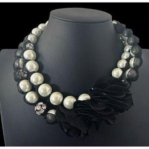WHBM chiffon wrapped faux Pearl Neckace Satin Flowers Rhinestones Statement